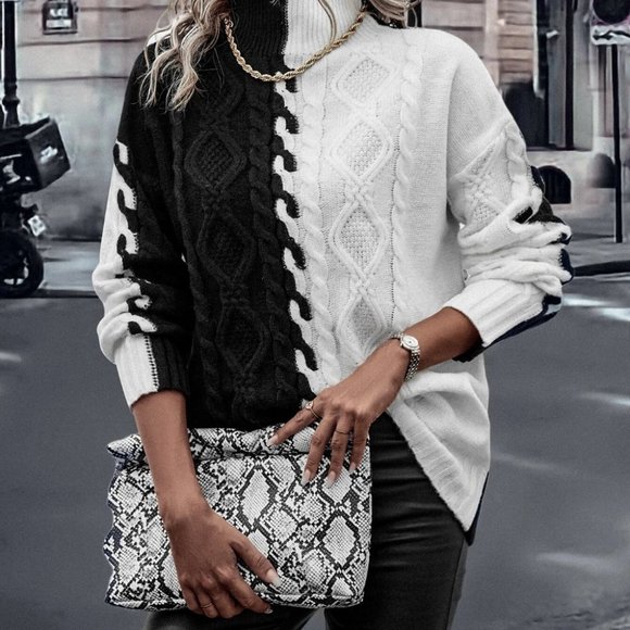 Preppy Women Two Tone High Neck Drop Shoulder Cable Knit Sweater - Picture 4 of 5